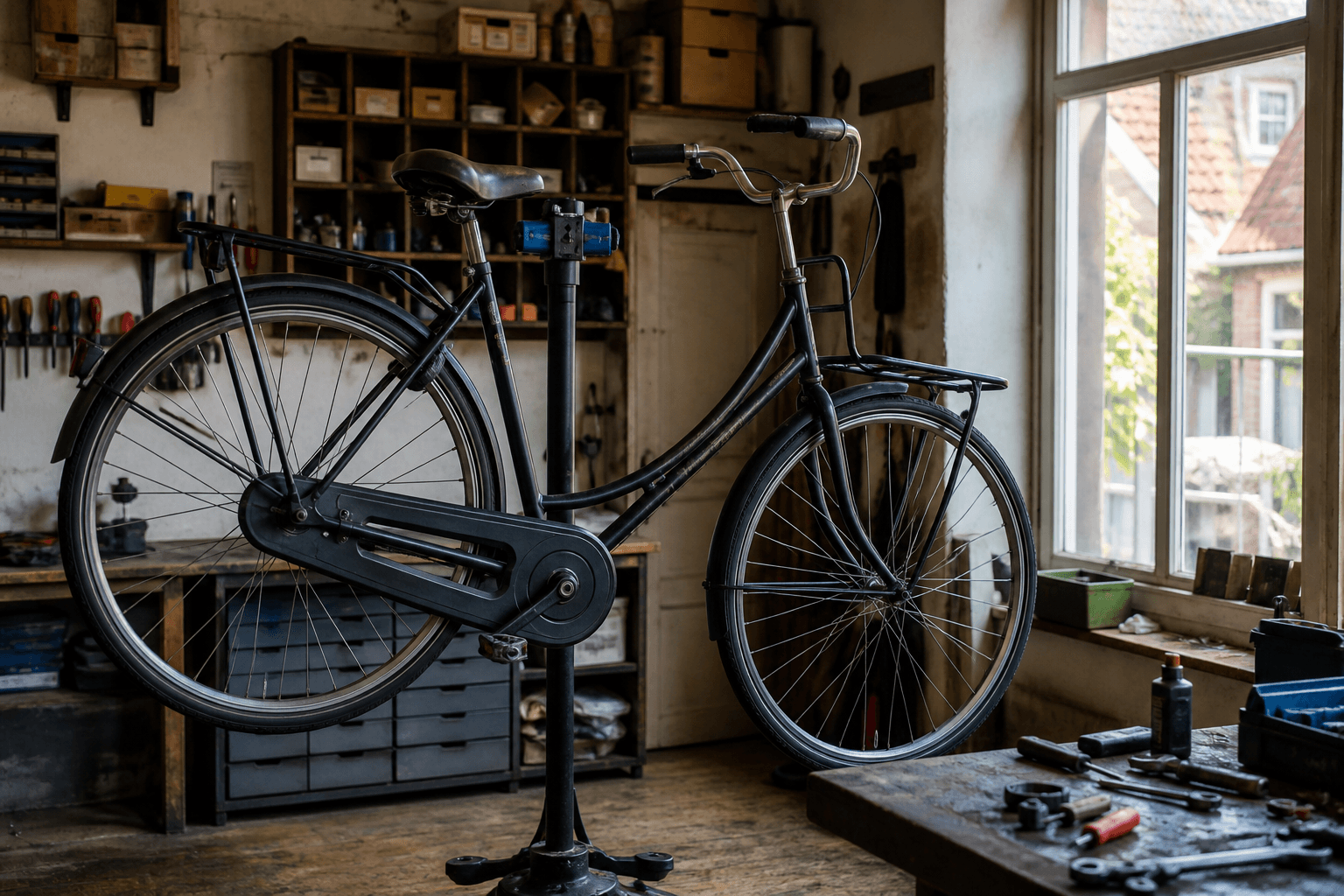 Fiets op de stand in de werkplaats van Klein Brinke